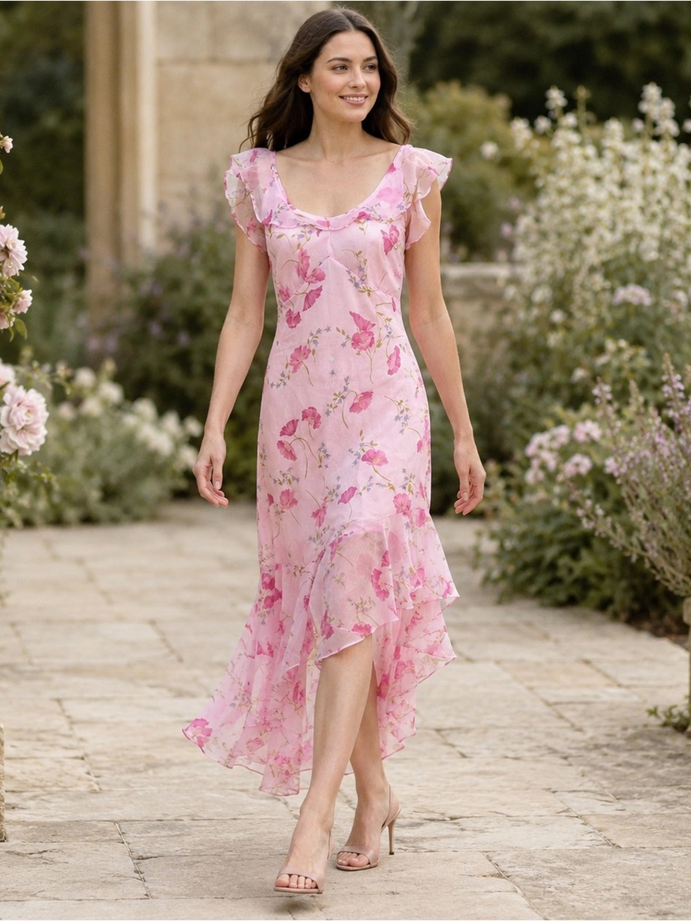 Floral Pink Ruffle High-Low Dress - Picture 6 of 7